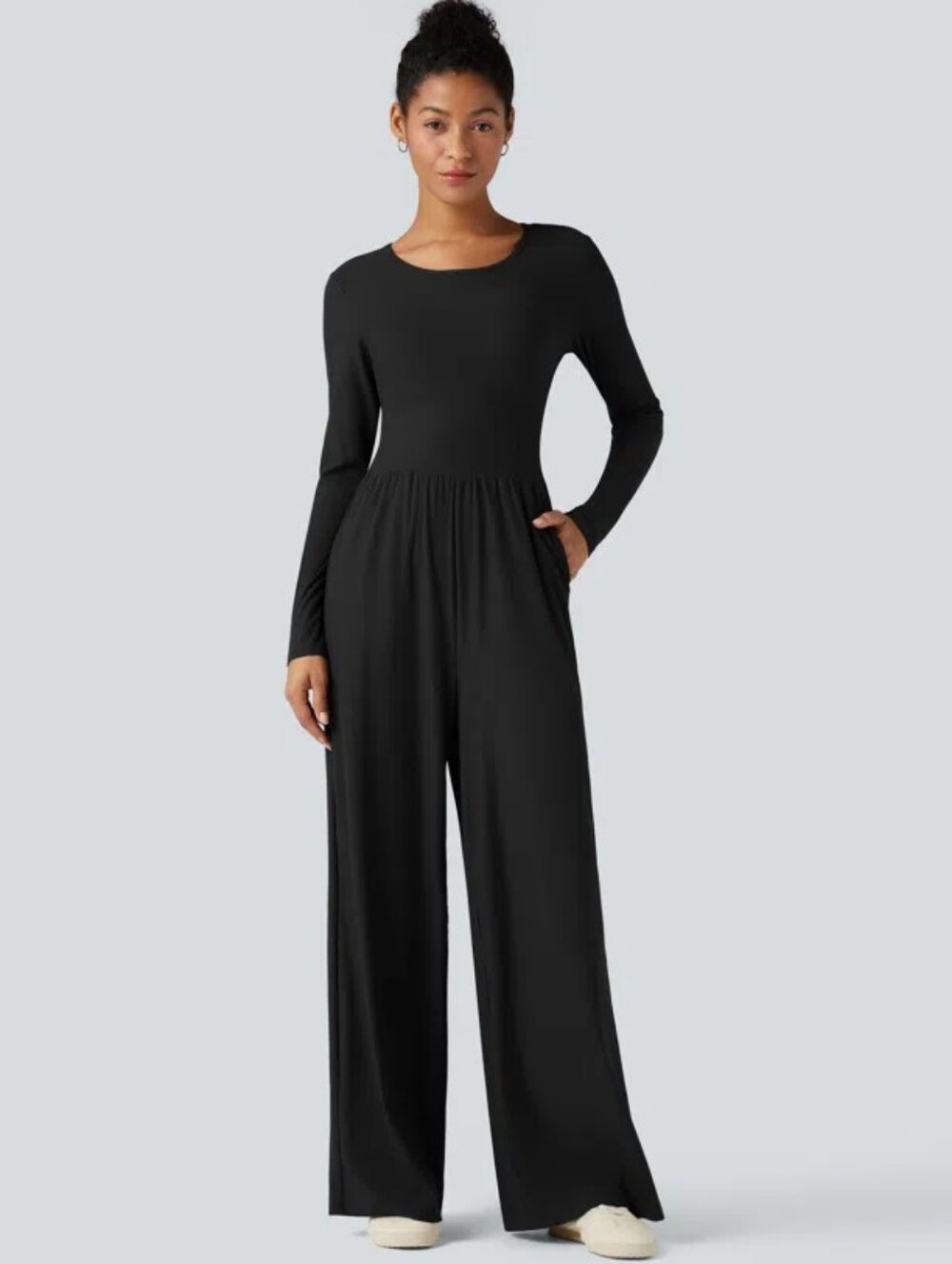 Halara Ribbed Round Neck Long Sleeve Casual Jumpsuit with Pockets